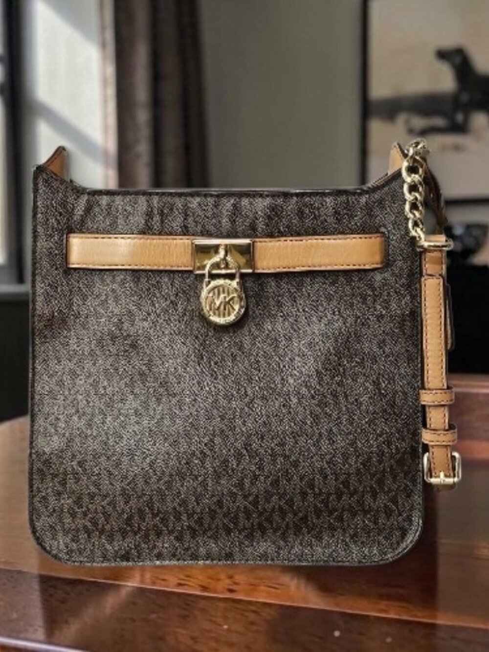 Michael Kors Hamilton Traveler Canvas Leather Crossbody Shoulder Bag COA Brown